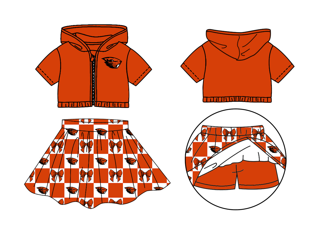 Preorder (moq 5)Baby Girls Oregon State Beavers Bows Zip Hoodies Skirt Short Team Clothes Sets