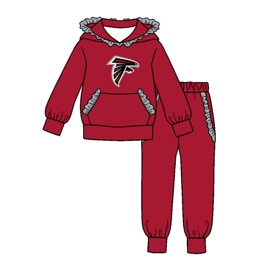 Preorder (moq 5)Baby Girls Maroon Falcons Pocket Ruffle Hoodie Joggers Team Clothes Set