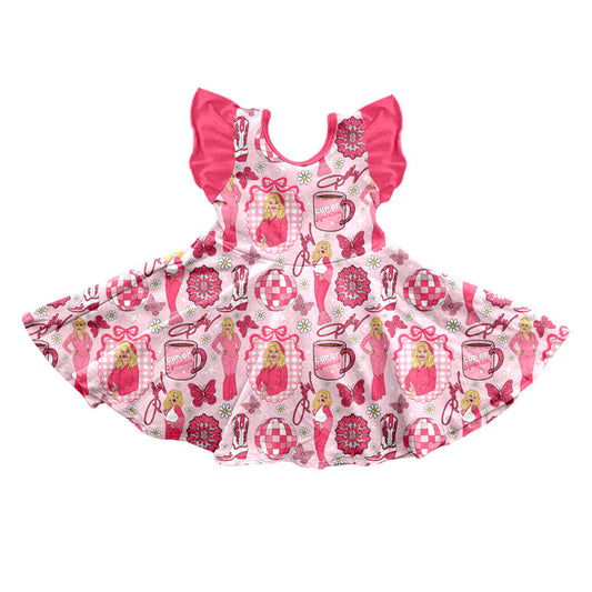 Preorder (moq 5) Baby Girl Clothes Pink Cowgirl Butterfly Disco Ball Mixed Print Short Sleeve Ruffle Twirl Dress
