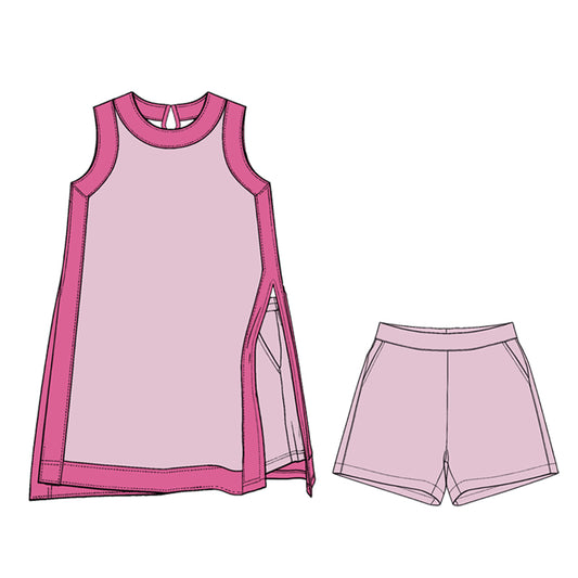 Preorder (moq 5)Adult Women Pink Split Skirt Pockets Short Clothes Sets