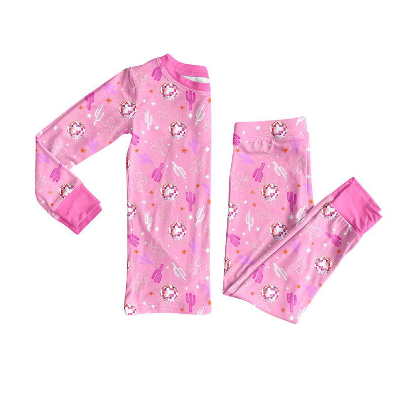 Preorder (moq 5)Baby Girls Pink Cactus Stars Top Pants Western Pajamas Sets