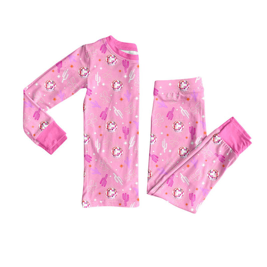 Preorder (moq 5)Baby Girls Pink Cactus Stars Top Pants Western Pajamas Sets