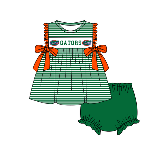 Preorder (moq 5)Baby Girls Green Sleeveless Gators Stripe Tunic Bummies Team Clothes Sets
