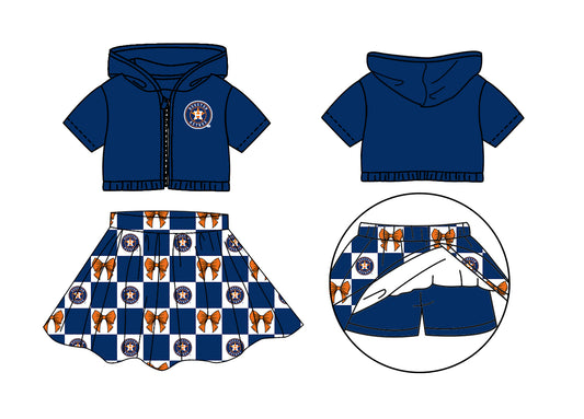 Preorder (moq 5)Baby Girls H Stars Bows Zip Hoodie Jackets Skirt Short Team Clothes Sets
