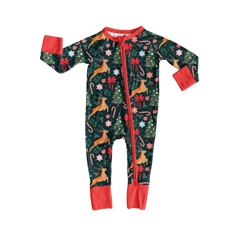 Preorder (moq 5)Baby Girls Long Sleeves Deer Candy Cane Trees Zipper Romper