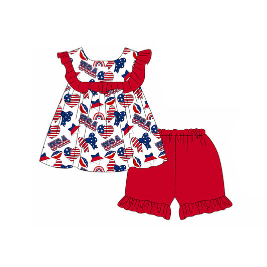 Preorder moq 5 Baby Girls Sleeveless Blue Red Stars Hearts Tunic Ruffle Short 4th Of July Set