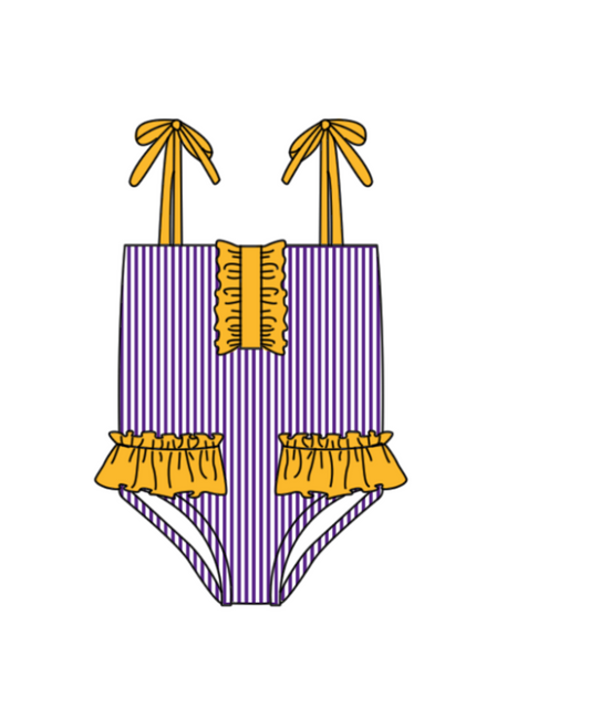 Preorder moq 5 Baby Girls Strap Purple Stripe Team Swimsuits