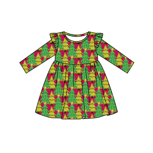 Preorder (moq 5)Baby Girls Trees Plaid Christmas Knee Length Dresses