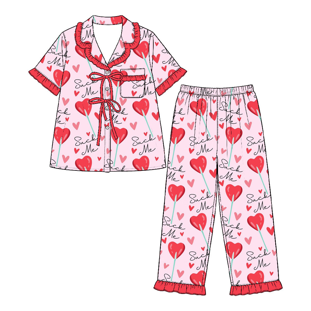 Preorder (moq 5) Baby Girl Clothes Valentines Heart Lollipop Mixed Print Short Sleeve Ruffle Pajama Set
