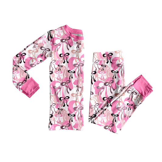 Preorder(moq 8)Baby Girls Black Pink Bows Plaid Top Pant Pajamas Sets