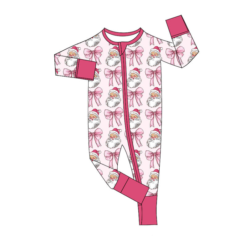 Preorder (moq 5)Baby Girls Pink Santa Bows Christmas Zipper Footie Rompers
