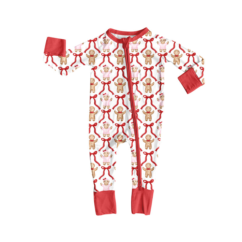 Preorder(moq 5)Baby Infant Christmas Gingerbread Bows Zipper Footie Rompers