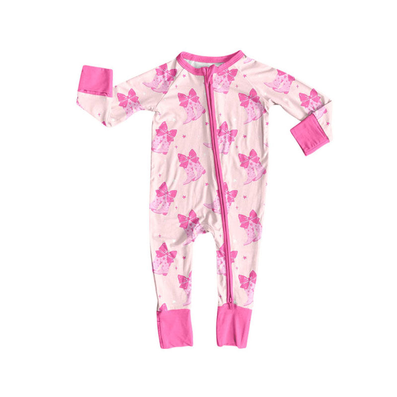 Preorder (moq 5)Baby Girls Pink Bows Boots Valentine Zipper Footie Rompers