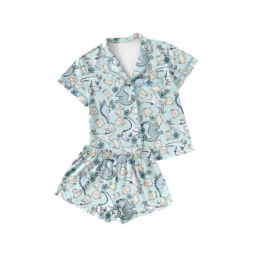 Preorder (moq 5)Baby Girls Rabbit Flower Dinosaurs Button Pocket Top Shorts Easter Pajamas Sets