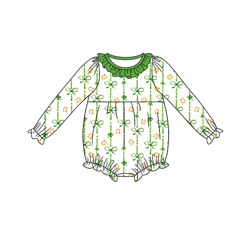 Preorder (moq 5) Baby Girl Clothes St Patrick's Day Watercolor Clover Bow Striped Print Long Sleeve Ruffle Bubble Romper
