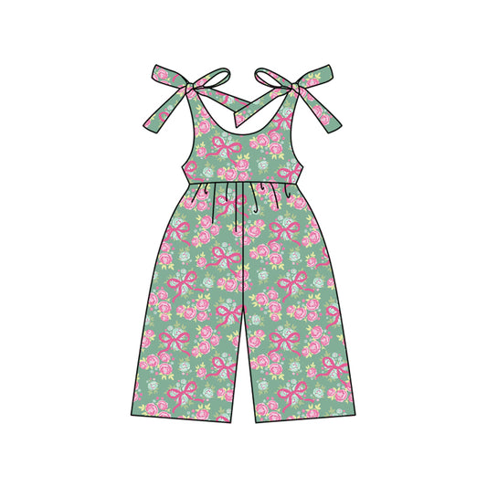 Preorder (moq 5)Baby Girls Green Strap Bows Flowers Pant Jumpsuits