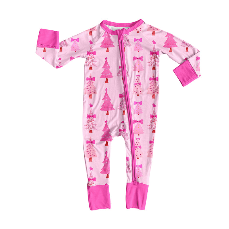 Preorder moq 5 Baby Infant Girls Long Sleeves Pink Bows Trees Plaid Zipper Rompers