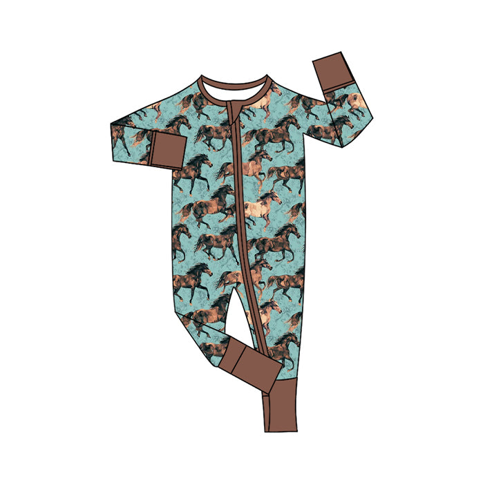Preorder (moq 20)Baby Boys Bamboo Horse Western Two Way Zip Convertible Rompers