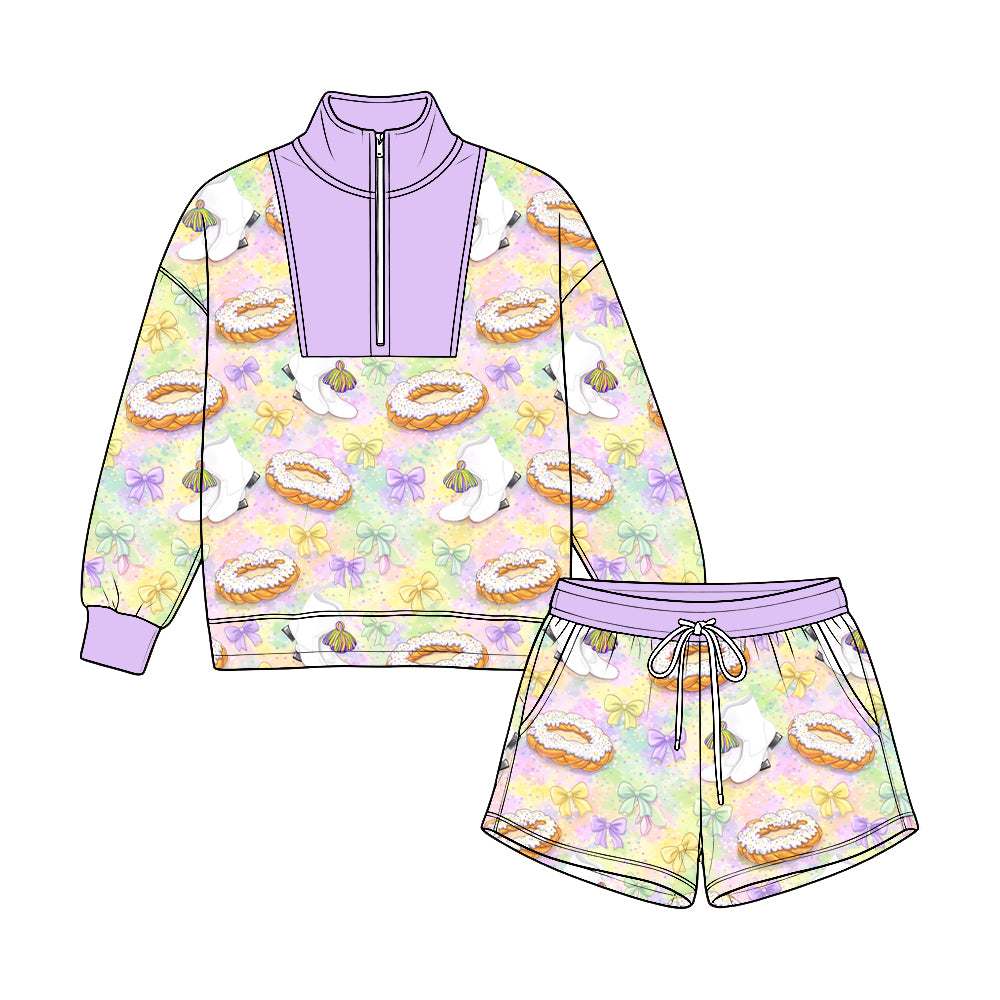 Pre-order(moq5) Kids’ Carnival Half-Zip Top & Shorts 2-Piece Set, Purple Donut Bow & Boots Print Festival Outfit