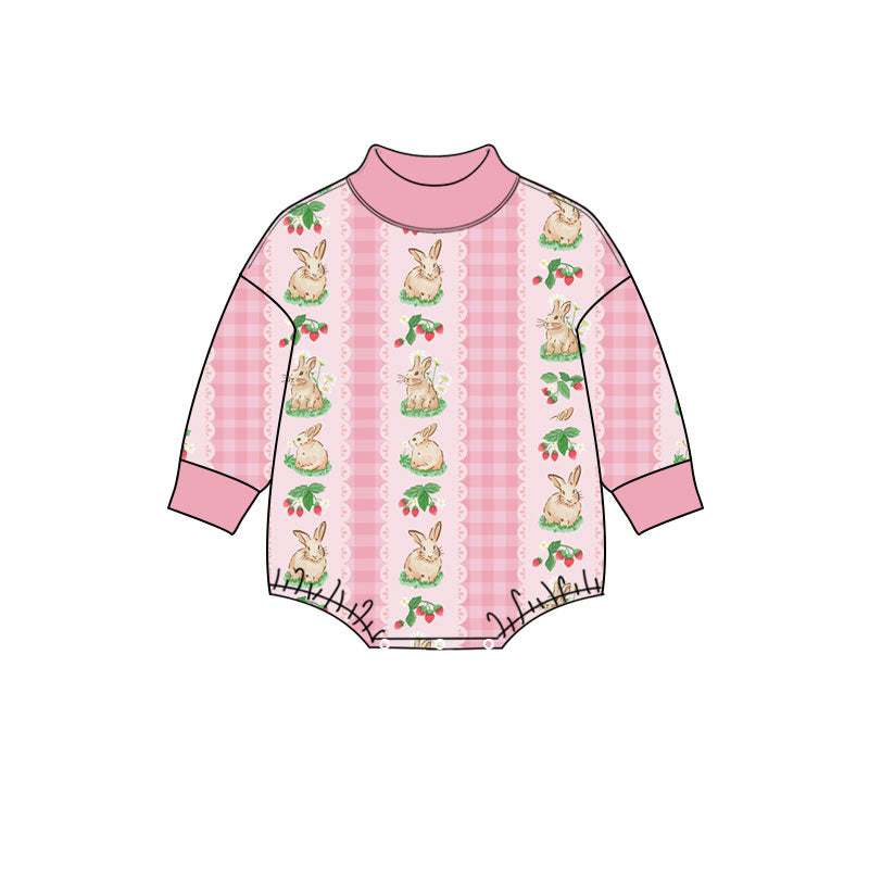Preorder (moq 5) Baby Girl Clothes Vintage Strawberry Rabbit Stripe Pink Print Long Sleeve Mock Neck Baby Bodysuit