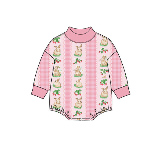 Preorder (moq 5) Baby Girl Clothes Vintage Strawberry Rabbit Stripe Pink Print Long Sleeve Mock Neck Baby Bodysuit