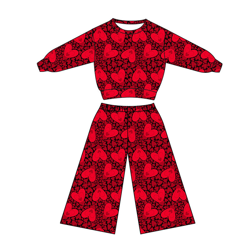Preorder(moq 5) Baby Girls Red Hearts Leopard Top Flare Pants Valentine Clothes Sets