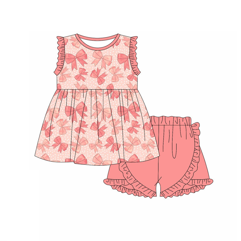 Preorder moq 5 Baby Girls Peach Sleeveless Bows Polka Dots Tunic Ruffle Short Set