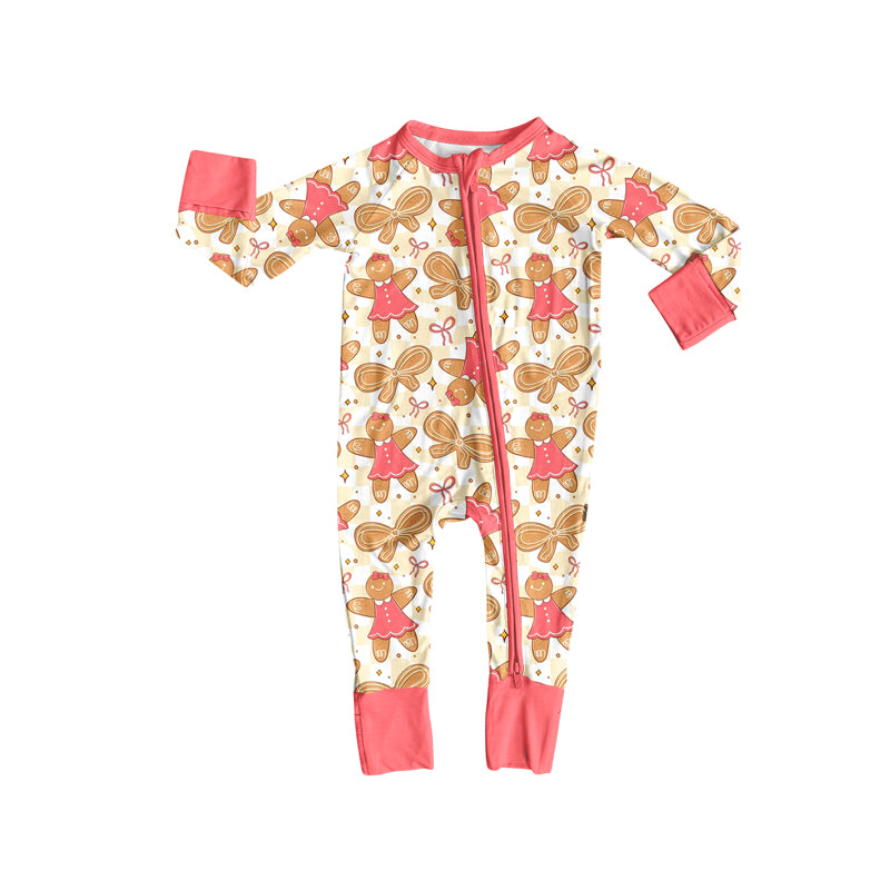 Preorder (moq 5)Baby Girls Long Sleeves Pink Bows Gingerbread Plaid Zipper Romper
