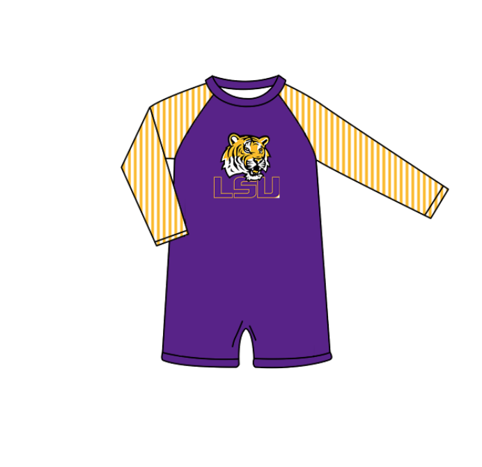 Preorder moq 5 Baby Boys Stripe Long Sleeve LSU Tiger Team Swimsuits