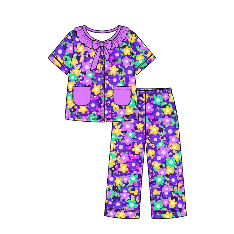 Preorder (moq 5) Baby Girl Clothes Purple Multicolor Floral Mixed Print Short Sleeve Ruffle Bow Long Pant Pajama Set