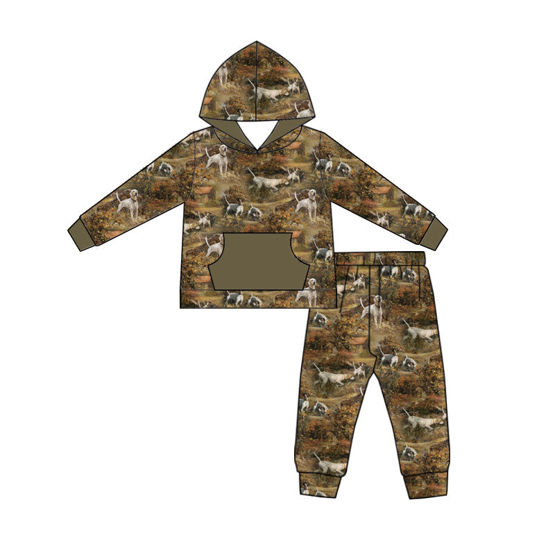 Preorder (moq 5)Baby Boys Dogs Pocket Hoodies Top Jogger Pants Hunting Clothes Set