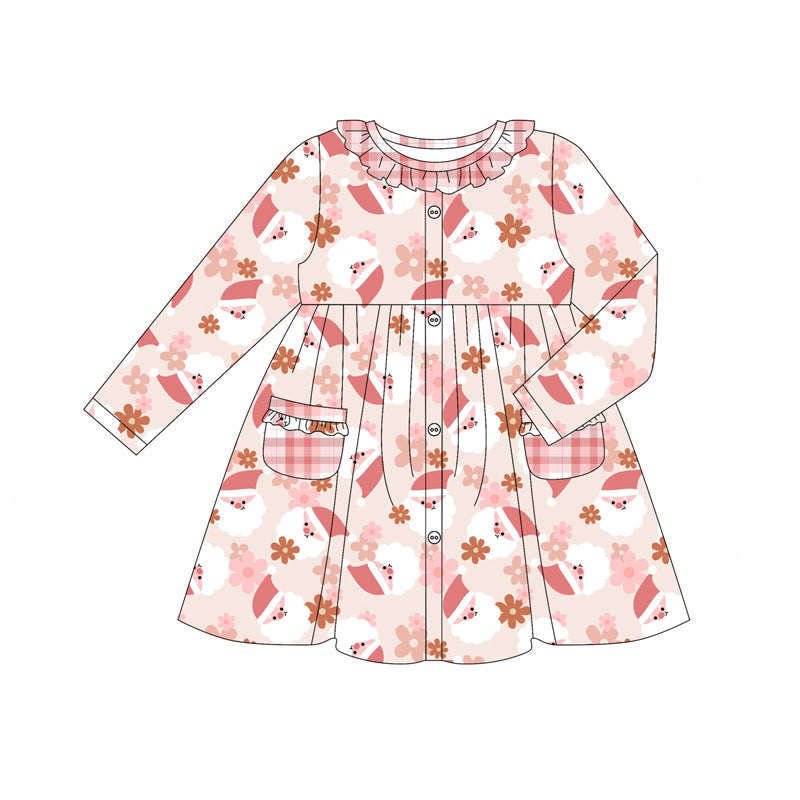 Preorder (moq 5)Baby Girls Long Ruffle Sleeves Peach Flowers Santa Pockets Button Knee Length Dresses