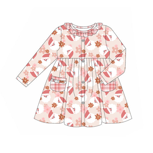 Preorder (moq 5)Baby Girls Long Ruffle Sleeves Peach Flowers Santa Pockets Button Knee Length Dresses
