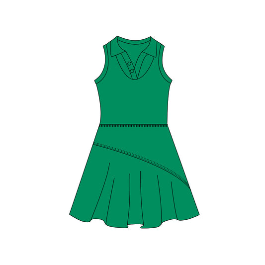 Preorder (moq 5)Baby Girls Green Sleeveless Button Top Pleated Knee Length Dresses