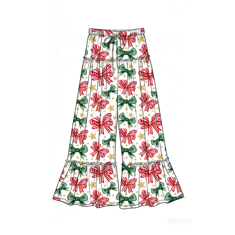 Preorder (moq 5)Baby Girls Green Red Bows Stars Christmas Bell Bottom Pants