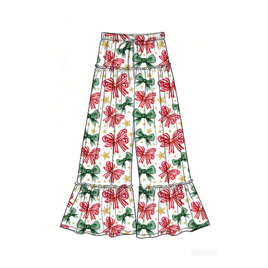 Preorder (moq 5)Baby Girls Green Red Bows Stars Christmas Bell Bottom Pants