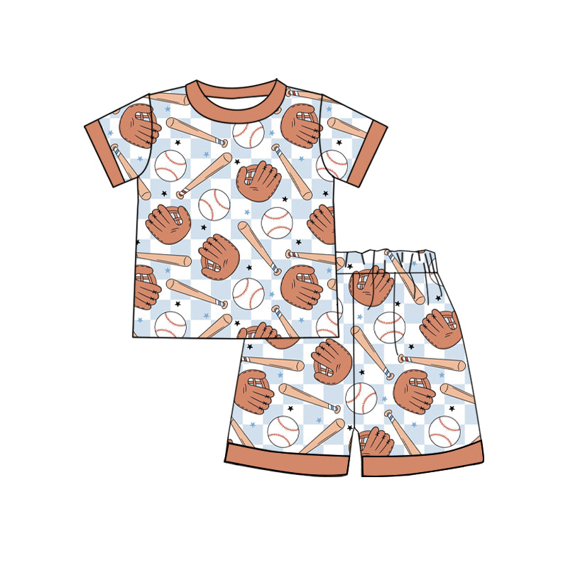 Preorder (moq 5) Baby Boy Clothes Blue Checker Baseball Glove Bat Mixed Print Short Sleeve Tee Shorts Set