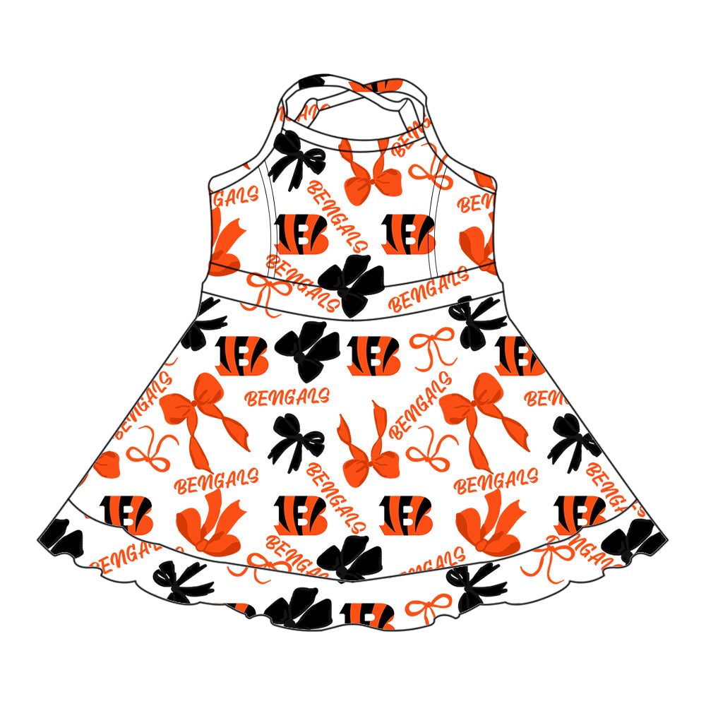 Preorder (moq 5)Baby Girls Strap Bengals Bows Plaid Shorts Ruffle Team Knee Length Dresses
