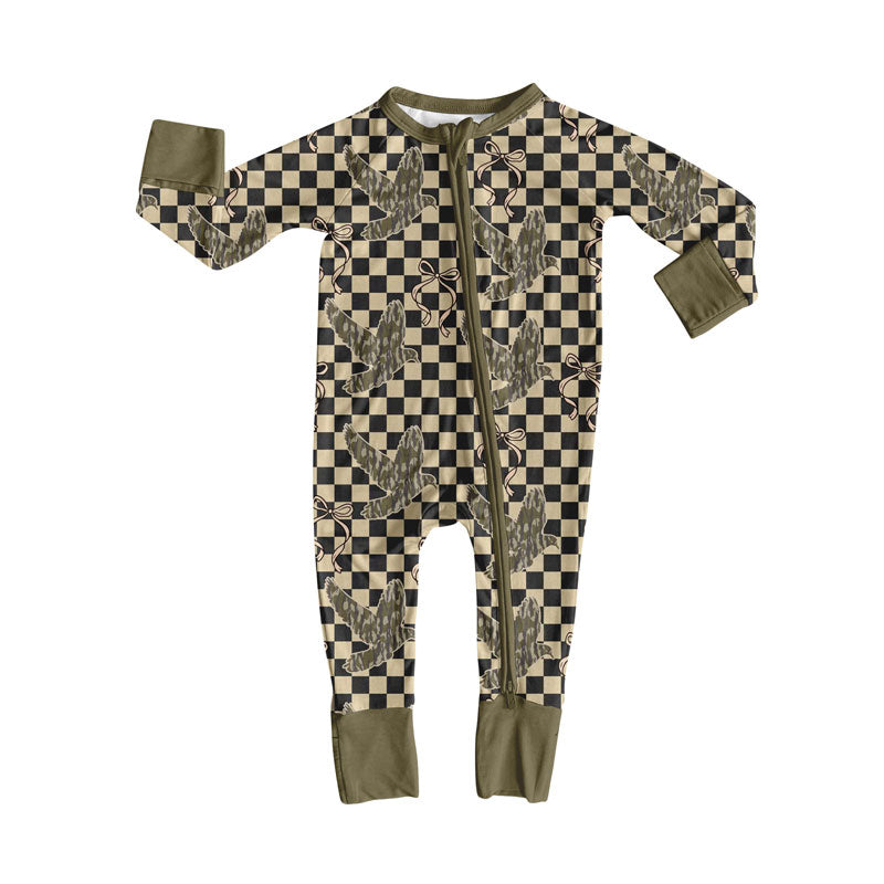 Preorder(moq 8)Baby Boys Checked Bows Ducks Hunting Zipper Footie Rompers