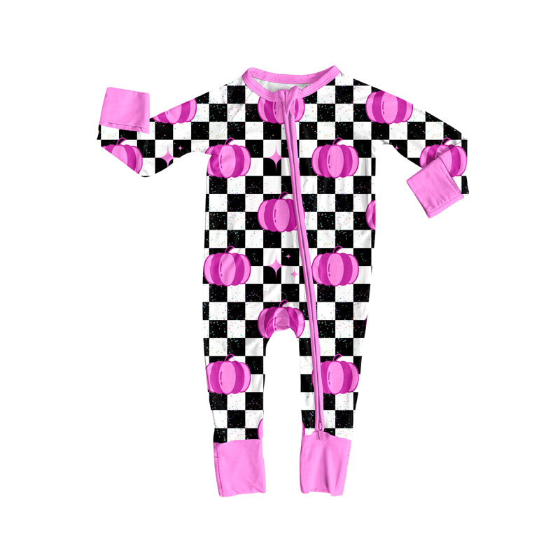 Preorder (moq 5)Baby Girls Long Sleeves Hot Pink Pumpkins Black Plaid Zipper Romper