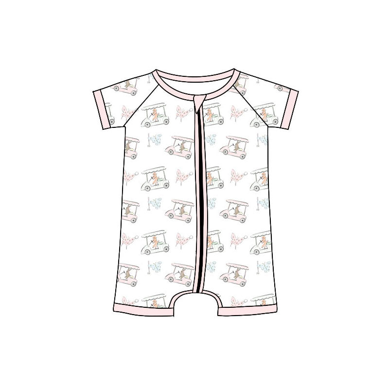 Preorder (moq 5)Baby Girls Short Sleeve Golf Trucks Butterfly Zipper Rompers