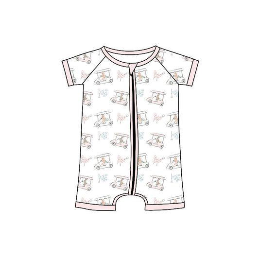 Preorder (moq 5)Baby Girls Short Sleeve Golf Trucks Butterfly Zipper Rompers