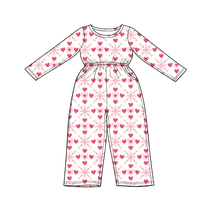 Preorder (moq 5) Baby Girl Clothes Soft Pink Heart Floral Mixed Print Long Sleeve Jumpsuit