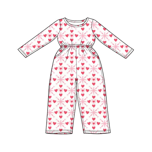 Preorder (moq 5) Baby Girl Clothes Soft Pink Heart Floral Mixed Print Long Sleeve Jumpsuit