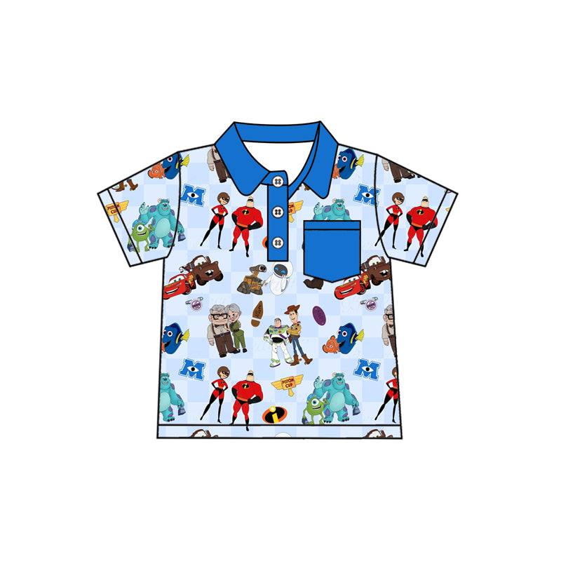 Preorder (moq 5)Baby Boys Short Sleeves Cartoon Dolls Blue Button Pocket Polo Shirts Top