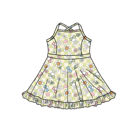 Preorder (moq 5)Baby Girls Strap Flowers Rabbits Easter Shorts Ruffle Knee Length Dresses