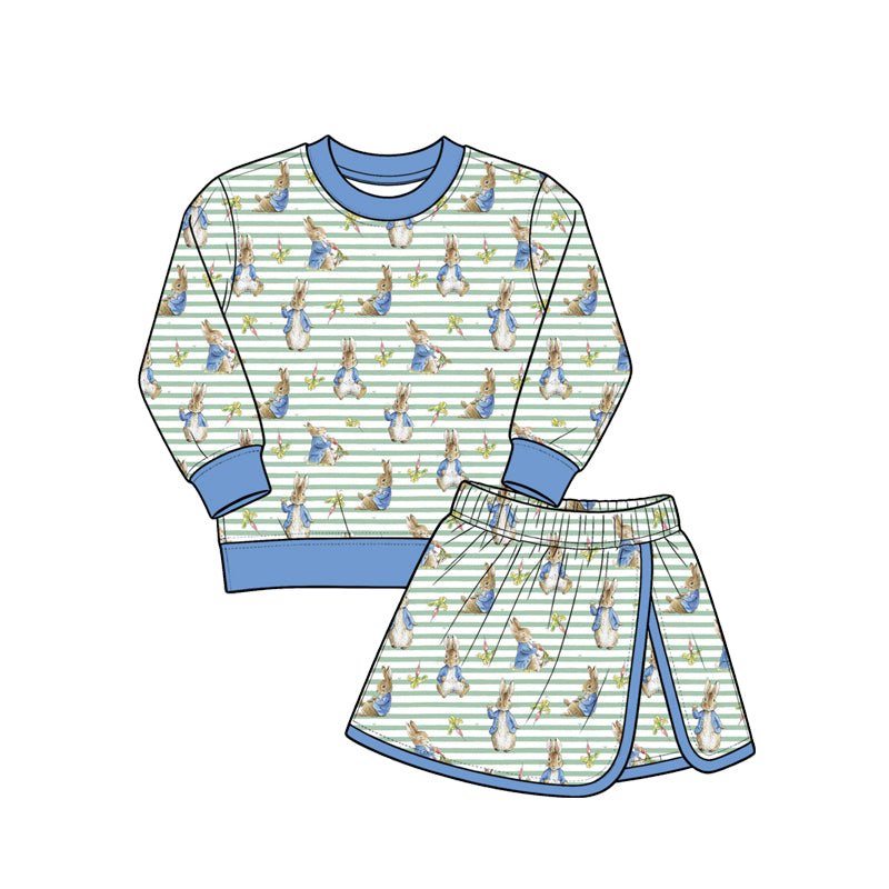 Preorder (moq 5) Girls Easter Blue Bunny Bow Sweatshirt & Skirt 2-Piece Set, Kids Casual Everyday Outfit