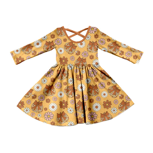 Preorder (moq 5)Baby Girls Khaki Long Sleeves Pumpkin Flowers Knee Length Dresses