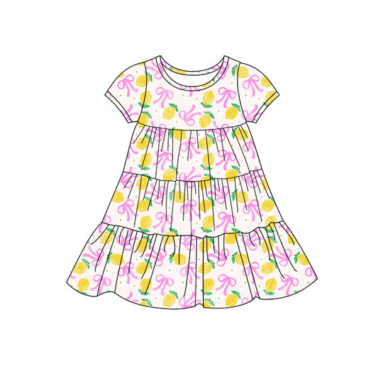 Preorder(moq 5) Baby Girls Bows Lemons Patchwork Ruffle Knee Length Dresses