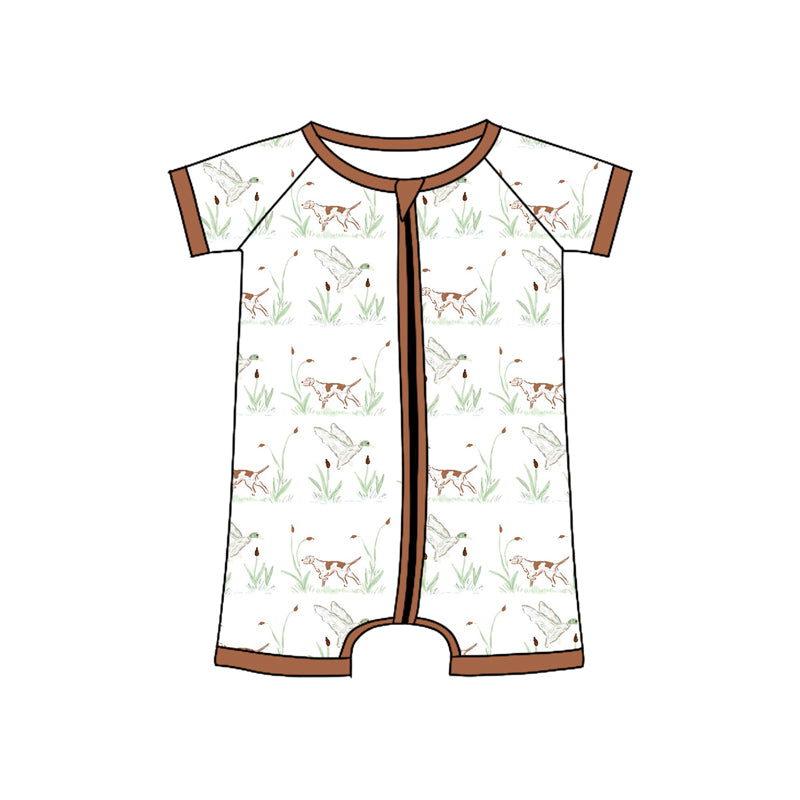 Preorder (moq 5)Baby Boys Brown Short Sleeves Ducks Dogs Zipper Rompers